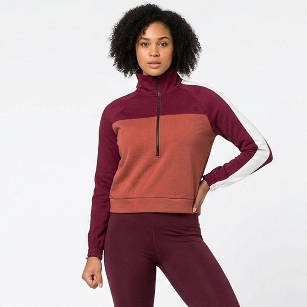 Hurley Nike Thermal Sweatshirt Fleece Lined Cropped Half Zip Maroon White Medium